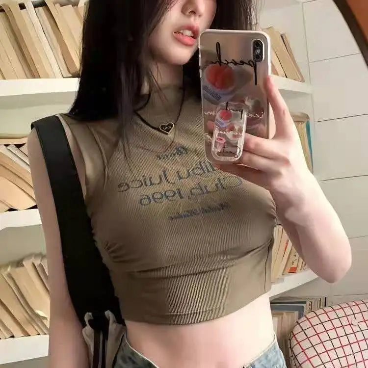 Fashion Y2k Crop Top Women Sleeveless Sexy Top Tees Vintage Letter Print T Shirt Shirring Half Turtleneck Pullover 2023 Korean