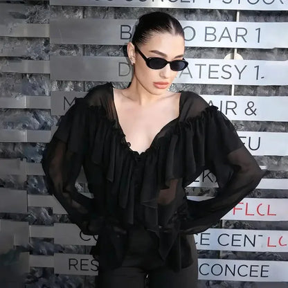 Talenza White Chiffon Shirt Women's Summer V-Neck Sexy See Through Shirt Beach Blouse Fashion Ruffle Patchwork Female Blouse Top