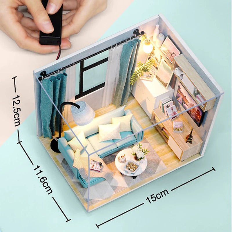 木製ミニチュアドールハウス DIY 小さな家キット 3Dパズル 組み立て式ハウス 家具 おもちゃ 子供の誕生日プレゼント