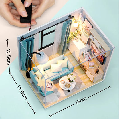 木製ミニチュアドールハウス DIY 小さな家キット 3Dパズル 組み立て式ハウス 家具 おもちゃ 子供の誕生日プレゼント