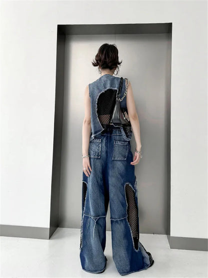 Grid Stitching V-Neck Denim Vest Women's Summer Fried Street Fashion Brand Loose Burrs Short Sleeveless Vests Jackets Female