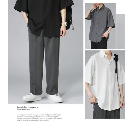 Men's Ice Silk Short Sleeve Shirt Casual Loose Fit Korean Style Trendy Black Shirt For Summer Thin Sleeve Casual