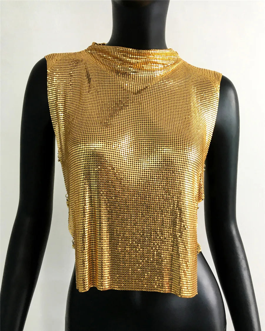 セクシーなメタルスパンコールのバックレスパーティークロップトップレディースシャイニータートルネックTシャツ調節可能なラインストーンチェーンナイトカルブフェスティバルタンクトップ