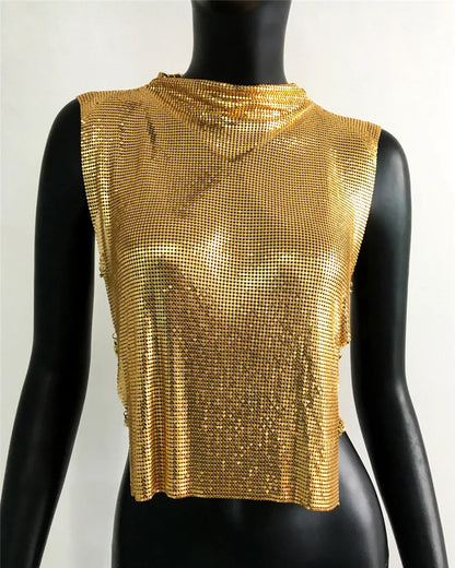 セクシーなメタルスパンコールのバックレスパーティークロップトップレディースシャイニータートルネックTシャツ調節可能なラインストーンチェーンナイトカルブフェスティバルタンクトップ