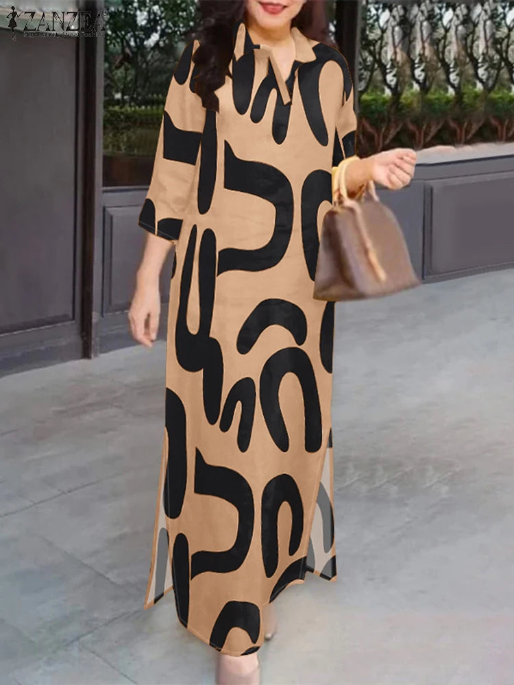 2025 ZANZEA Fashion Autumn Printed Dresses Women Maxi Long Dress Lapel Neck Long Sleeve Robe Casual Kaftan Vestidos Oversize
