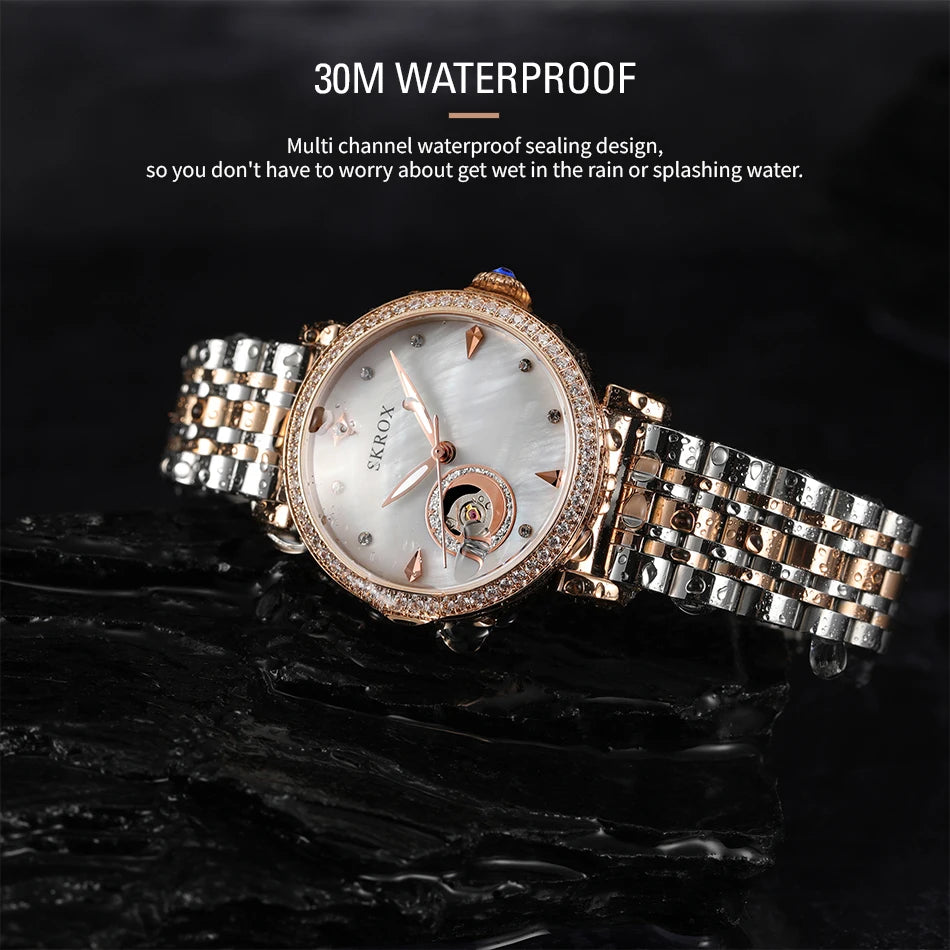 2024Luxury Rose Gold Diamond Woman Watch Mechanical Automatic Movement Ladies Watches Stainless Steel Elegant Women's Wristwatch