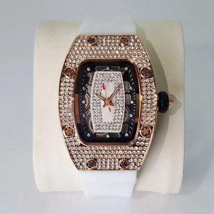 Luxury Diamond Watch For Women Elegant Tonneau Original Design Watches Fashion Ice Out Sport Rubber Strap Waterproof Mille Clock