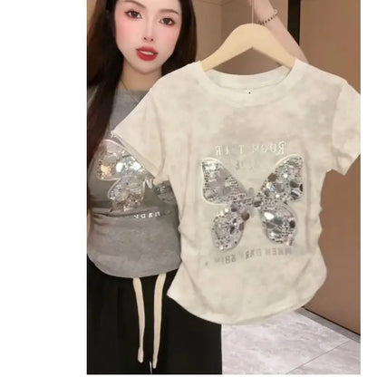 Sequin Butterfly Short Sleeved Full Shoulder T-shirt Women 2024 Summer New Casual Fashion Pleated Waist Slimming Top