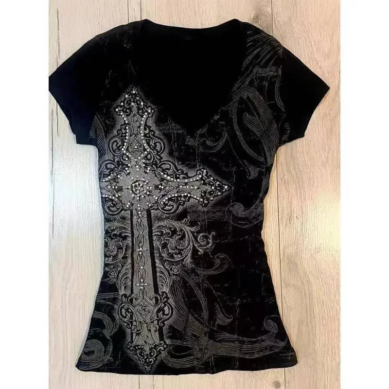 Vintage Clothes Women Print Sexy Punk Streetwear Slim Femme Tees Shirt Gothic Casual Grunge T Shirts 2000s Emo Y2k Crop Top