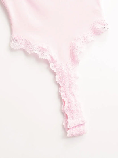 Sexy Bodysuit Tops For Women 2025 Summer Y2k Clothes Lace Panel BodySuits Women Solid Color Cami Bodysuit Backless Lace Top Pink
