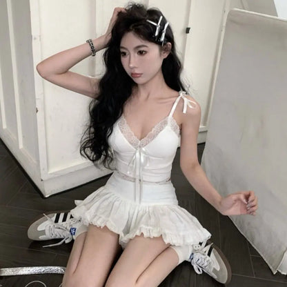 Sensually Innocent Style Ribbon Lace Camisole Slim Fit Ballet Summer Tube Top with Breast Pad INS Hip Hop Short Tank Women Girl