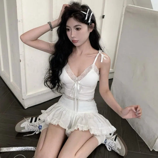 Sensually Innocent Style Ribbon Lace Camisole Slim Fit Ballet Summer Tube Top with Breast Pad INS Hip Hop Short Tank Women Girl