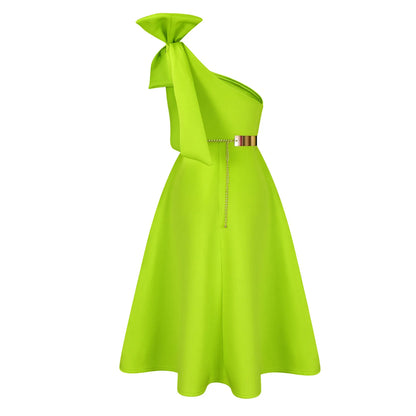 French One Shoulder A Line Pleated Birthday Party Dresses Women Bow Sleeveless Belt Large Skirt Elegant Women's Party Dress