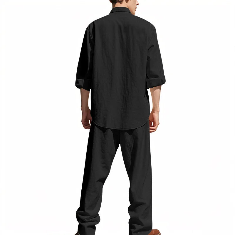 2025 New Spring and Summer Men's Suit Linen Casual Loose Breathable Long Sleeves Shirt Trousers 2Set of Beach Vacation Essential