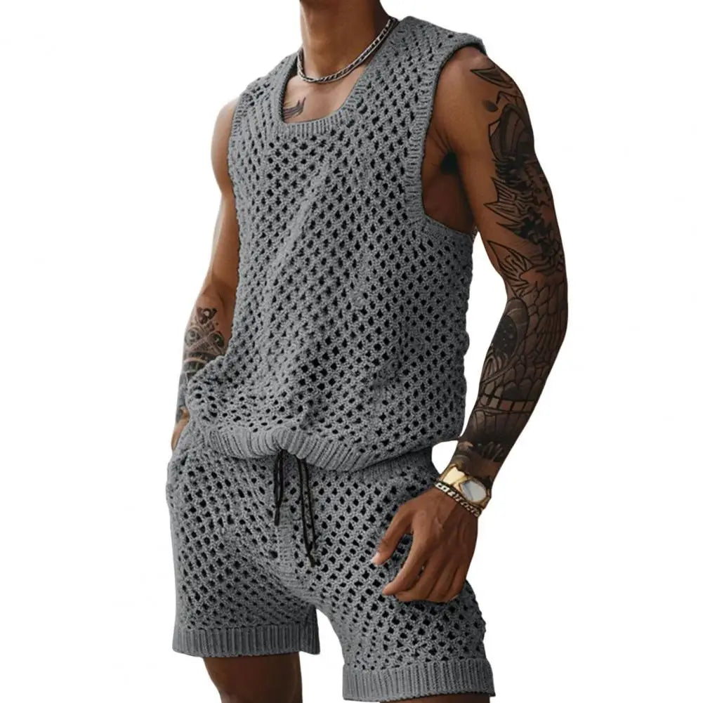 Vest Shorts Set Men's Casual Sleeveless Knit Top Drawstring Shorts Set for Daily Wear Elastic Waist Wide Leg Shorts for Men's