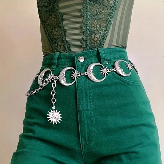 Boho Moon Sun Hollow Waist Chain Y2K Trend Tassel Dress Chain Women Adjustable Body Belts Belly Jewelry