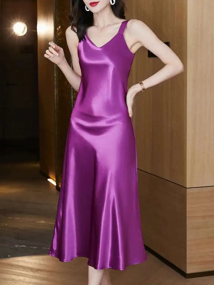 #4930 Sleeveless Spaghetti Straps Midi Satin Dress Women Solid Color V-neck Sexy A-line Party Dresses Women Evening Summer 2025