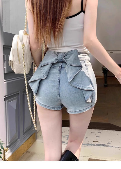 Women's Sexy Denim Shorts  Y2K Petite High Waisted Hip Lifting Shorts with Personality 3D Bow Detail Slim Summer Hot Pants