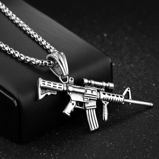 Men's Machine Gun Pendant Necklace Hip Hop Punk Black Gold Color Stainless Steel Chain Retro Accessories Hippie Rapper Jewelry