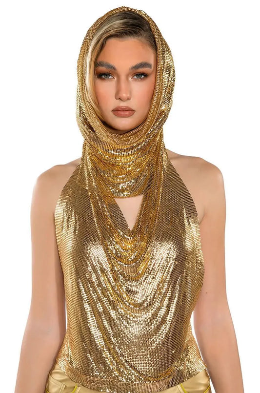 Women Metal Sequins Tank Top With Turban 2 Piece  Sexy V Neck Backless   Suspender Top Rave Festival Party Nightclub Camisole