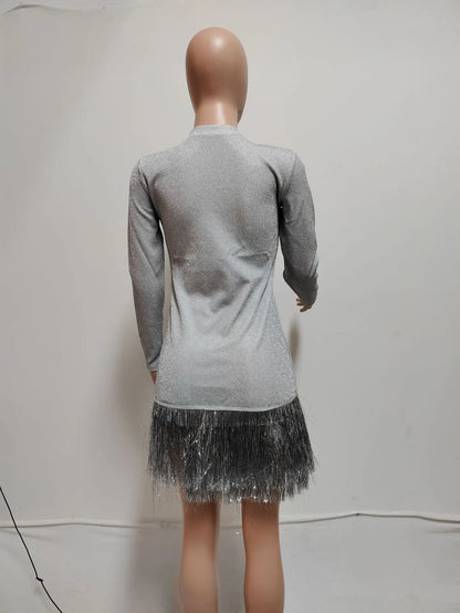 CM.YAYA ファッション レディース シルバー タッセル ボディコン ミニ ミディ ドレス 2024年 秋冬 長袖 パーティー クラブ イブニングドレス ベスティドス