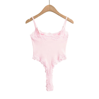 Sexy Bodysuit Tops For Women 2025 Summer Y2k Clothes Lace Panel BodySuits Women Solid Color Cami Bodysuit Backless Lace Top Pink