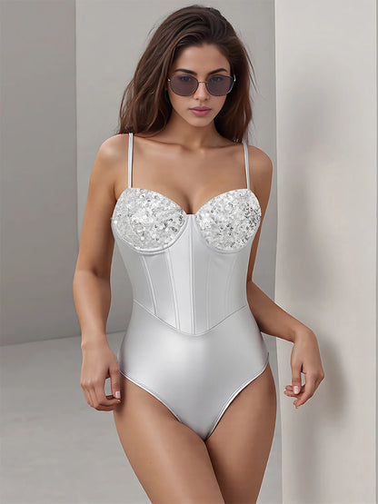 Womens Sparkly Silver Thong Bodysuit Satin Sequin jumpsuit  Adjustable Strap Going Out Night Club Party female sexy outfit