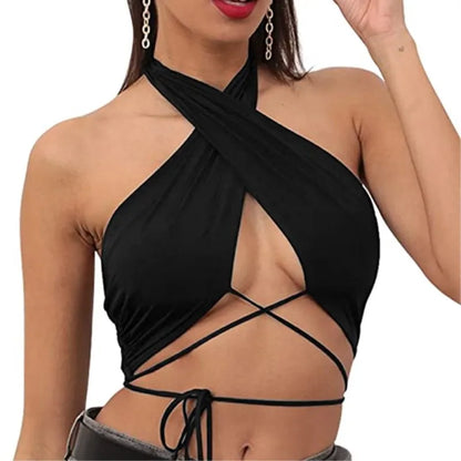 Y2K Women’s Sexy Tops 2023 New Sexy Solid Fitted Halter Backless Crop Tops Summer Party Women Sleeveless Vest