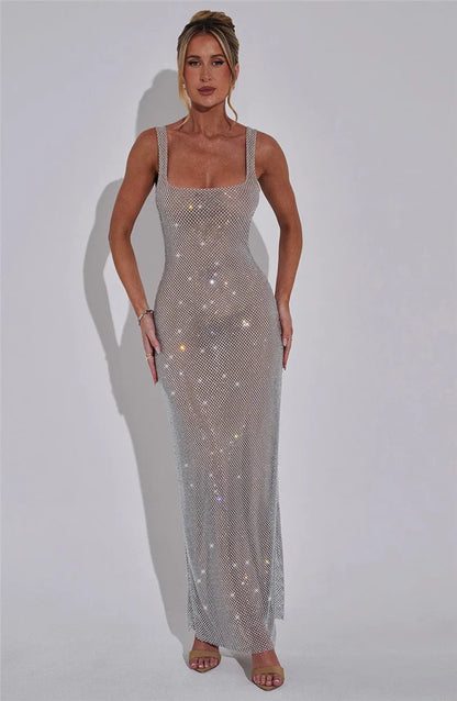Mozision Sequins Backless Sexy Maxi Dress For Women Gown Fashion Sparkle Square Collar Sleeveless Bodycon Club Long Dress
