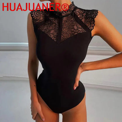 Women Sexy Black Lace Bodysuits Rompers Sleeveless Slinky New Fashion Bodycon Wrap Bodysuit
