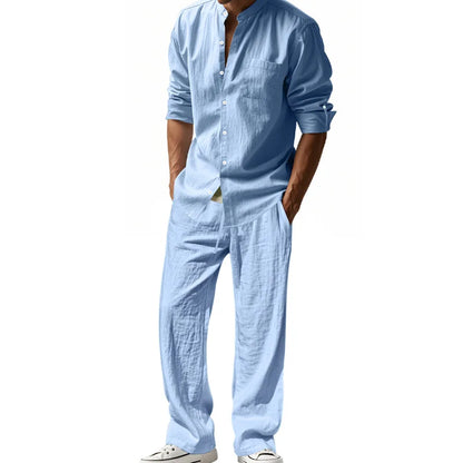 2025 New Spring and Summer Men's Suit Linen Casual Loose Breathable Long Sleeves Shirt Trousers 2Set of Beach Vacation Essential