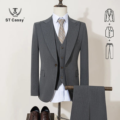 ST Cassy 高品質ブラックストライプスーツ スリムフィット 豪華でエレガントなメンズビジネススーツ 結婚式ファッション服 3点セット