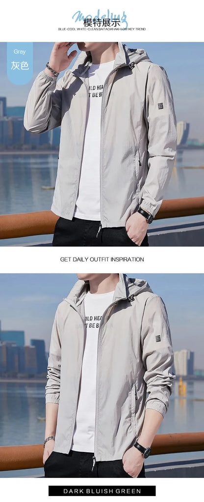 Summer Ultra-thin Jacket Men's Fishing Waterproof Ice Silk Quick-drying Skin Windbreaker Casual Camping Sunscreen Hooded Coat