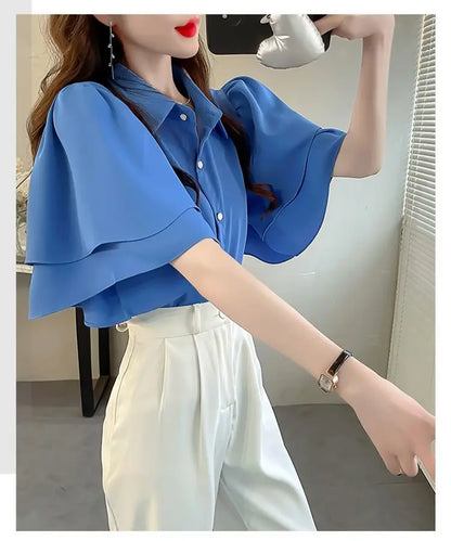 French Lady's Summer Loose Shirt Women's New Loose Blouse Solid Color Ruffle Short Sleeve Chiffon Top