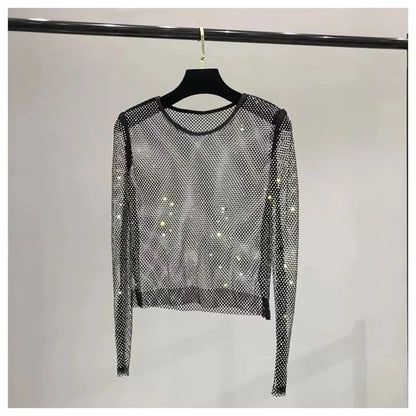 Handmade Women's Glitter Diamante Crop Top Sexy Hollow out Design Black Shining Tube Vest Short Tank Clubwear with Diamonds