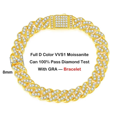 EWYA フルモアサナイト キューバンネックチェーン ネックレス メンズ レディース 8mm S925 シルバープレート 18K ヒップホップ パスダイヤモンドテスト リンクネックレス