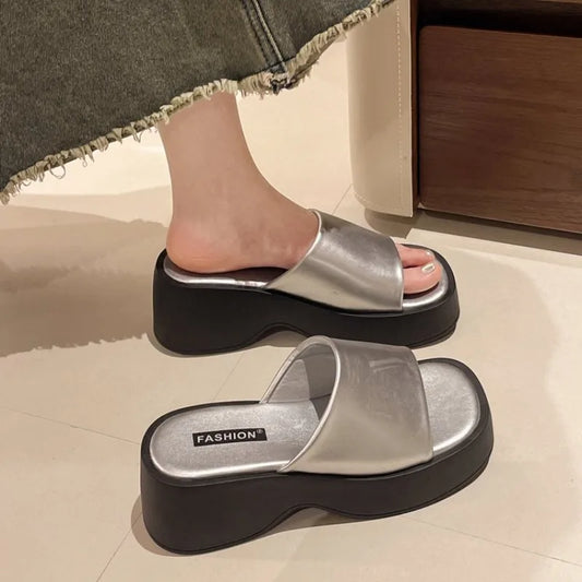 Women Slippers 2025 Summer New Luxury Sandals Women Thick Soled Designer Square Toe Slippers Slides Women Zapatos