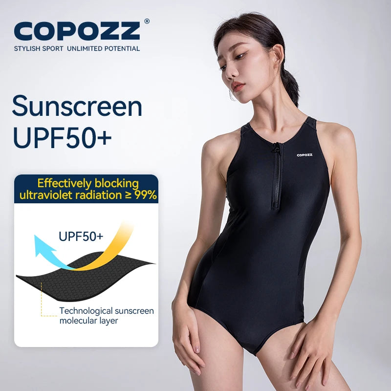 COPOZZ 新作 レディース ワンピース水着 無地 ブラック ビーチ ノースリーブ Vネック 夏 女性用 くり抜き 水泳 スポーツ 大人用スーツ