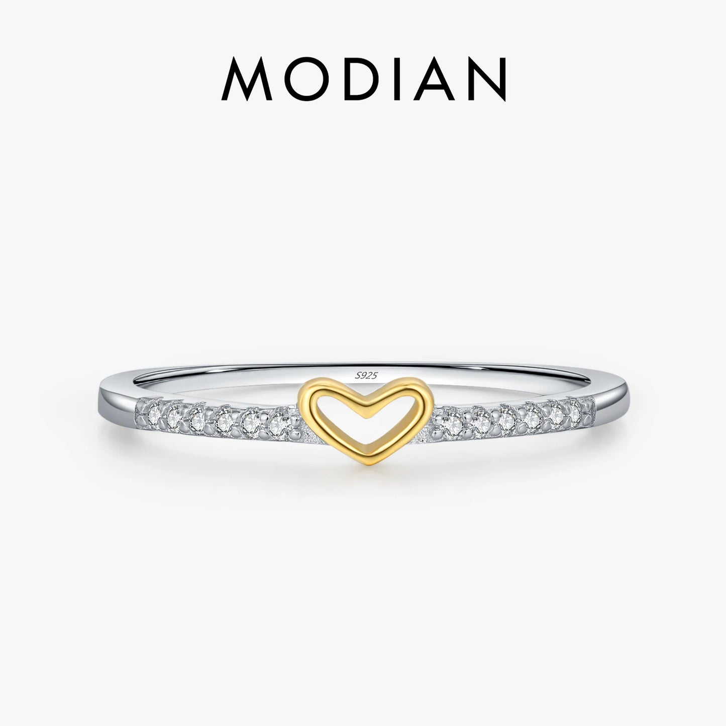 MODIAN 925スターリングシルバー シンプルでロマンチックなハートの指輪 トレンディなメタリックコントラストデザイン レディースファインジュエリー