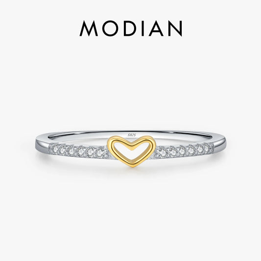 MODIAN 925スターリングシルバー シンプルでロマンチックなハートの指輪 トレンディなメタリックコントラストデザイン レディースファインジュエリー