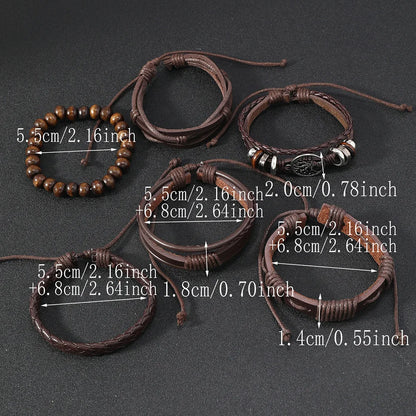 Red 6 Pc/set Tree Black Wrap Woven Handmade Wood Beads Bracelets Male Women Leather Bracelets Men Bangle Wholesale Jewelry Gift