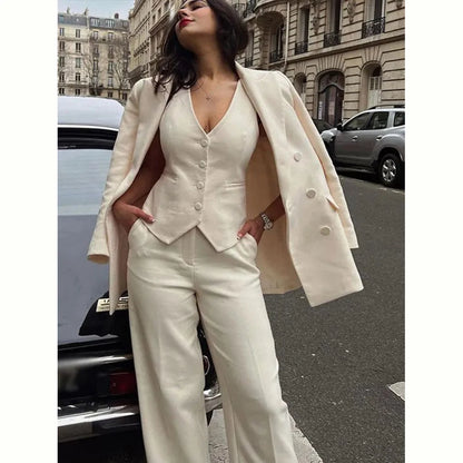 Fashion Chic Beige Women Suit 3 Piece Jacket Pants Vest Single Breasted Notch Lapel Blazer Set Office Lady Female Clothing