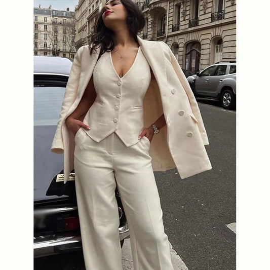 Fashion Chic Beige Women Suit 3 Piece Jacket Pants Vest Single Breasted Notch Lapel Blazer Set Office Lady Female Clothing