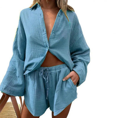 2 Pcs/Set Women Blouse Pants Set Solid Color Turn-down Collar Elastic Waist Deep Crotch Fall Shirt Shorts Suit Female Clothes