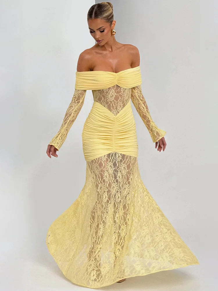 Mozision Off-shoulder Long Sleeve Sexy Maxi Dress Women Fashion Lace See Through Strapless Backless Bodycon Club Party Dresses