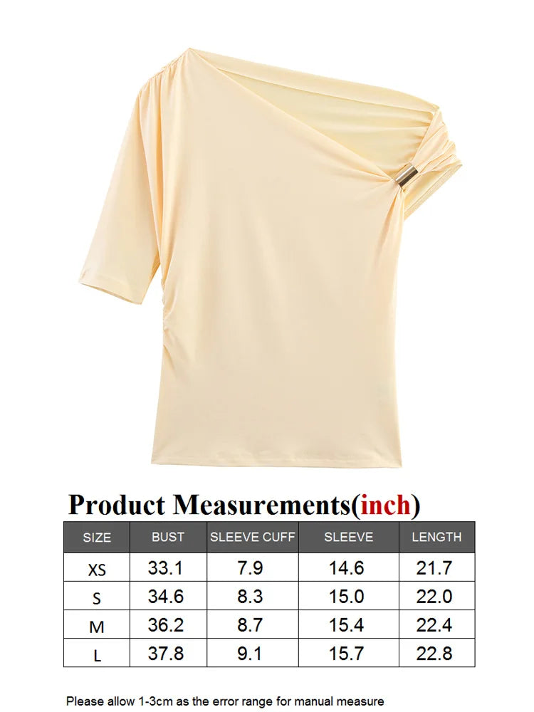 TRAF GAL 2025 Summer Thin Women Tees Short Sleeve Metal Detail Ruched Elastic Slim Asymmetric T-Shirt Female Crop Top Y2K
