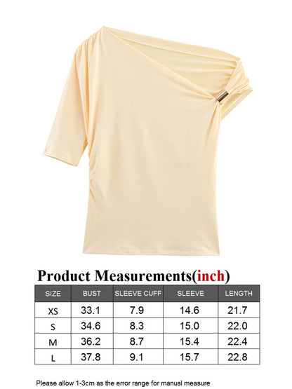 TRAF GAL 2025 Summer Thin Women Tees Short Sleeve Metal Detail Ruched Elastic Slim Asymmetric T-Shirt Female Crop Top Y2K