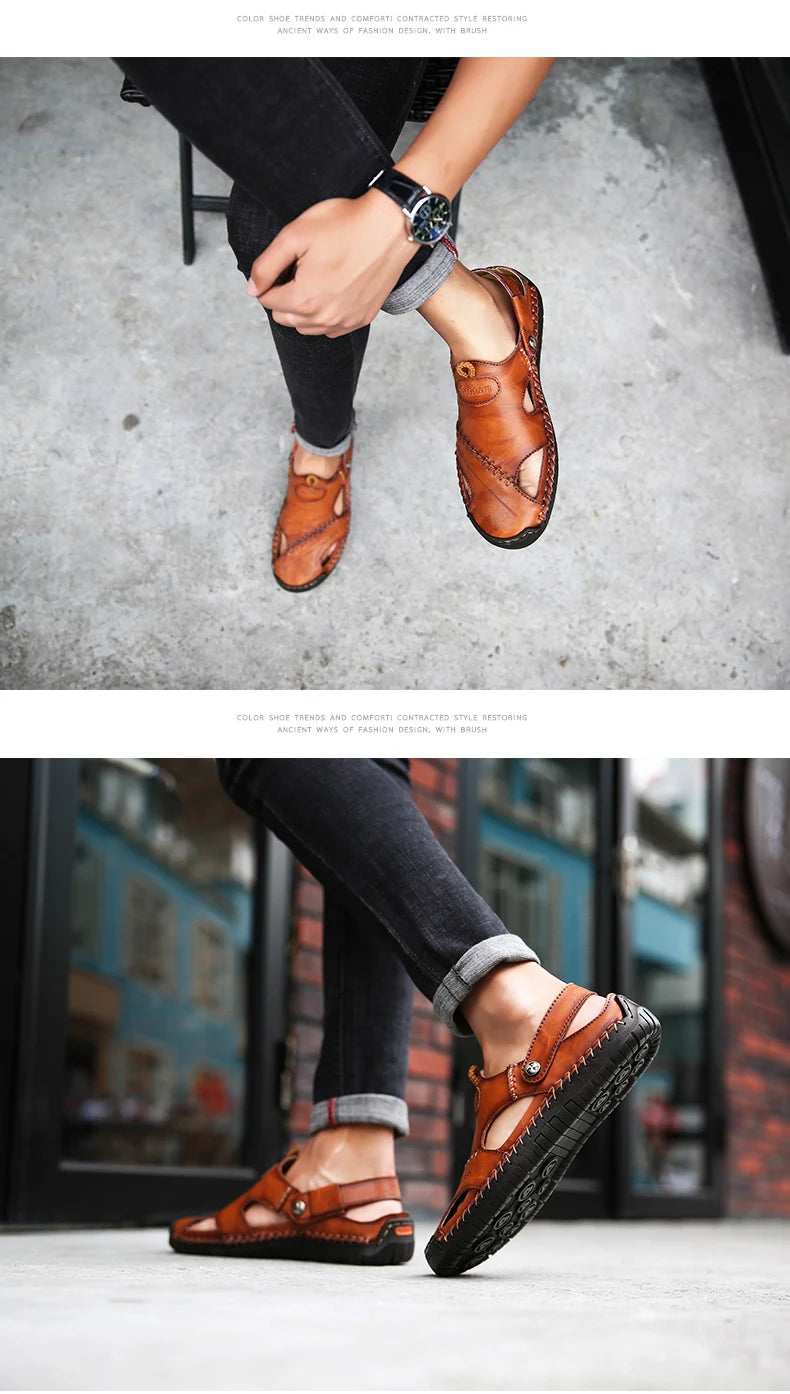 Sandals Man Summer 2023 Leather Slides Breathable Rome Male Outdoor Beach Platform Slippers Soft Hot Sale Men Flat Sandals