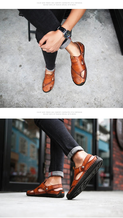 Sandals Man Summer 2023 Leather Slides Breathable Rome Male Outdoor Beach Platform Slippers Soft Hot Sale Men Flat Sandals