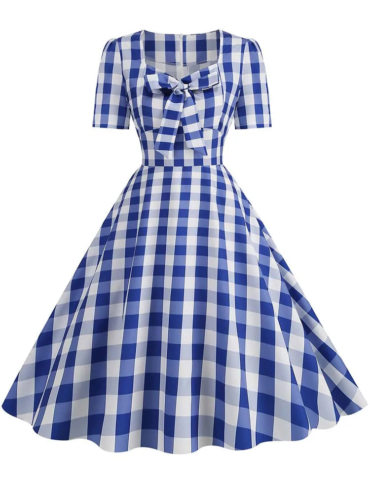 Green Plaid Swing Party Dresses Women Elegant Vintage Square Collar Short Sleeve Casual Summer Dress
